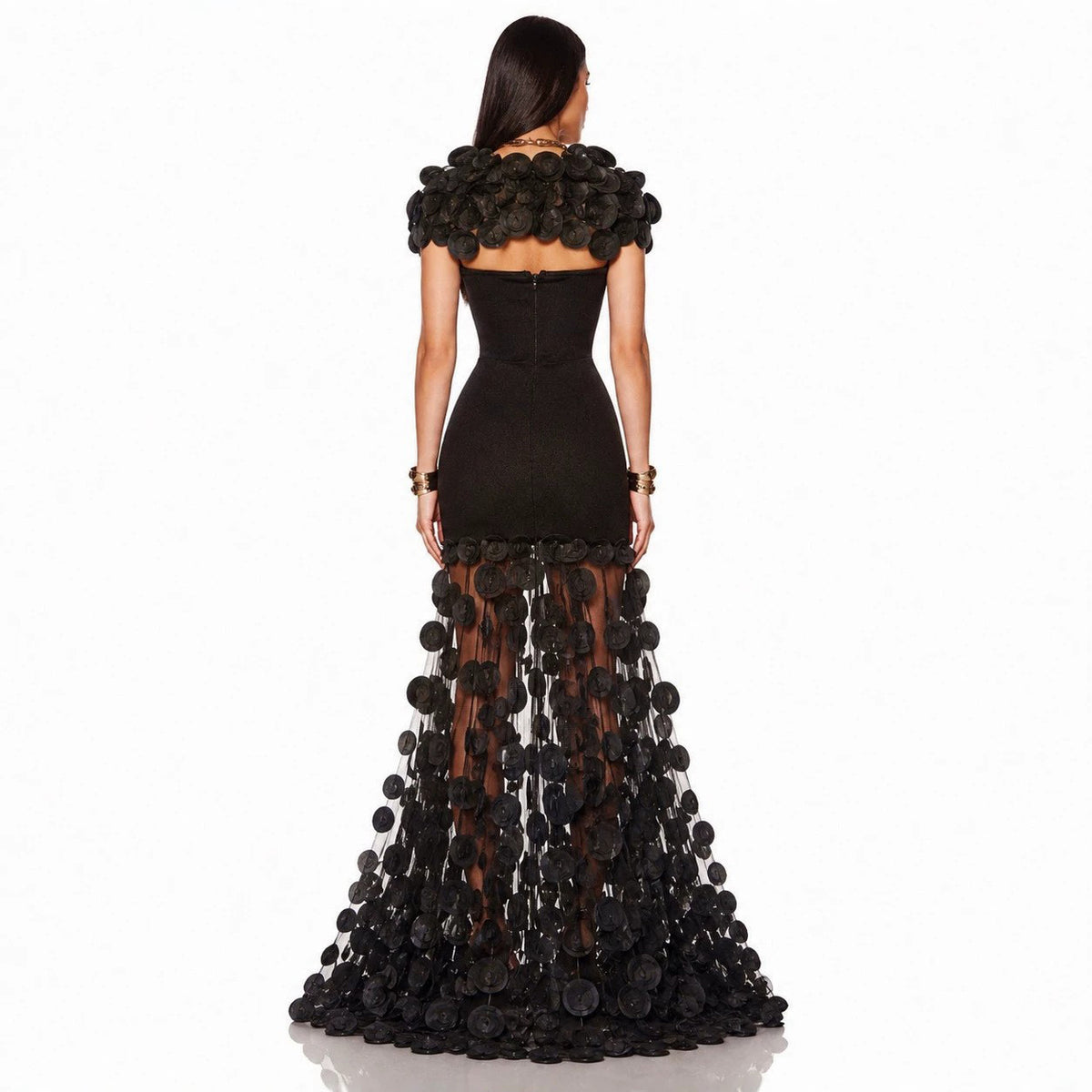 Sculptural 3D Petal Illusion Gown - Onyx Black