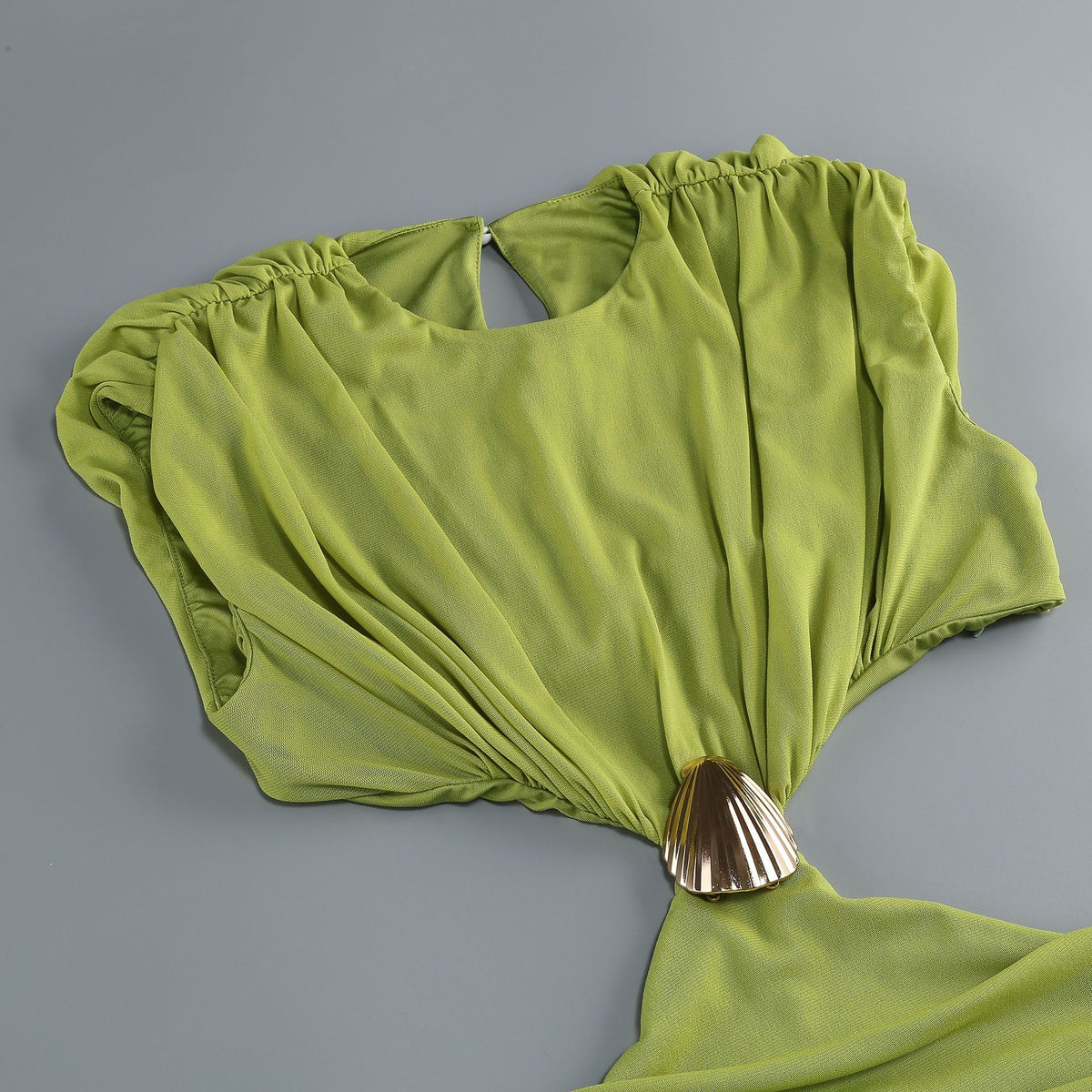 Vibrant Lime Green Draped Evening Dress with Waist Cutouts