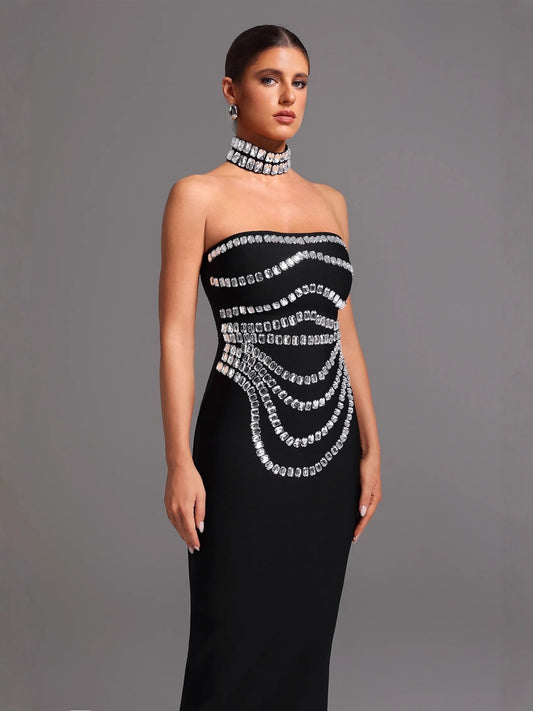 Sophisticated Crystal-Embellished Strapless Column Gown