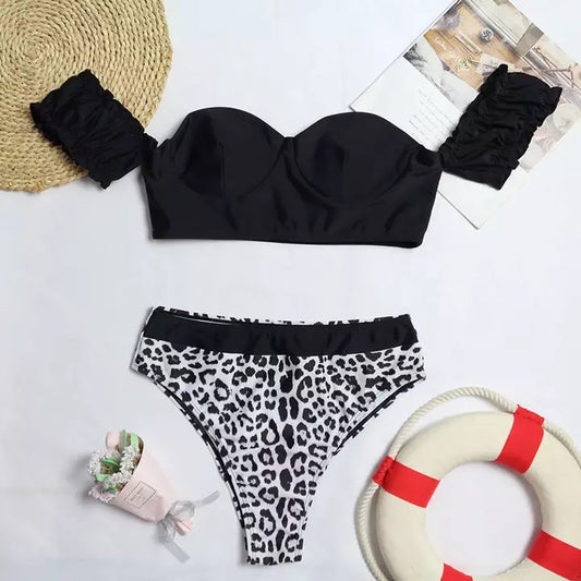 Black Bra & Leopard Panties Bikini Swimsuit Set