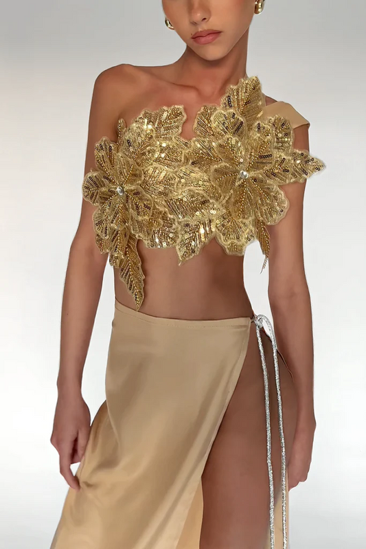 Radiant Gold Floral Sequin Asymmetric Crop Top