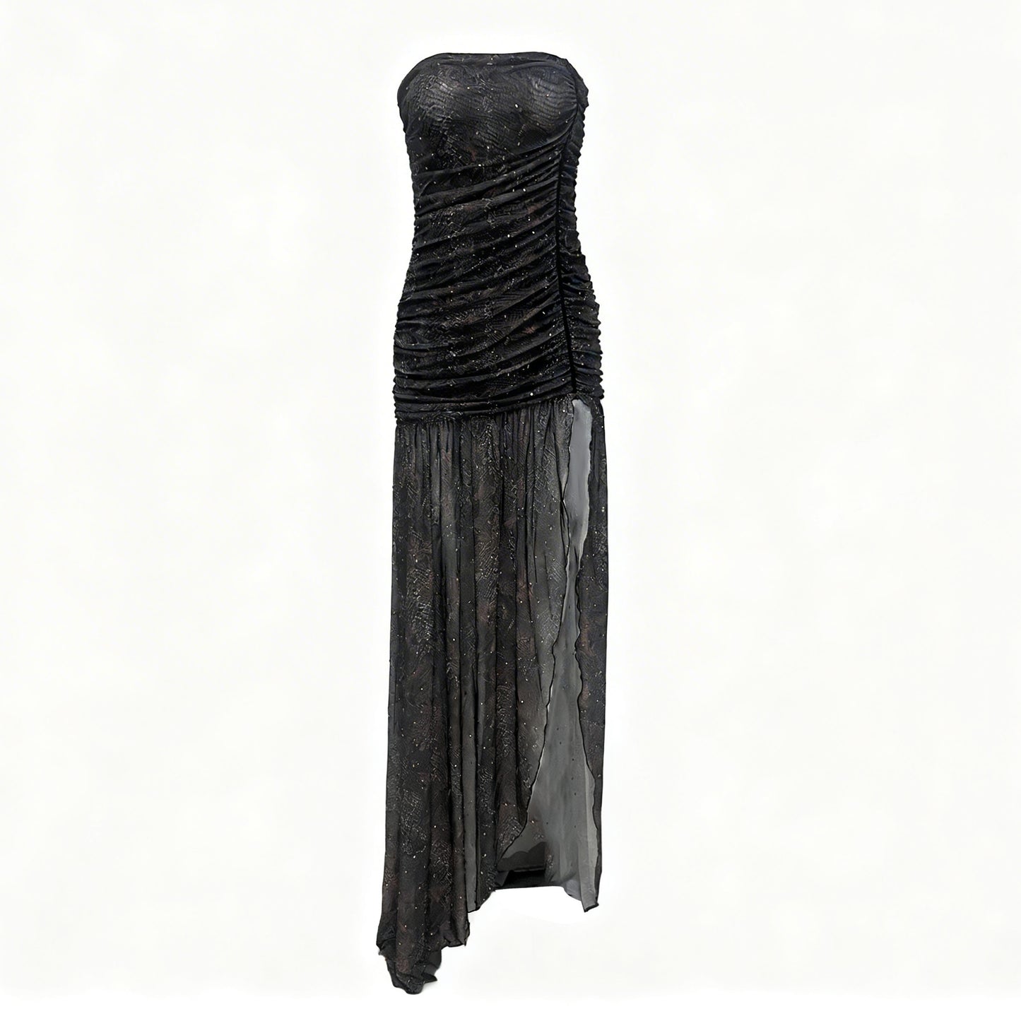Elegant Ruched Strapless Gown with High Slit