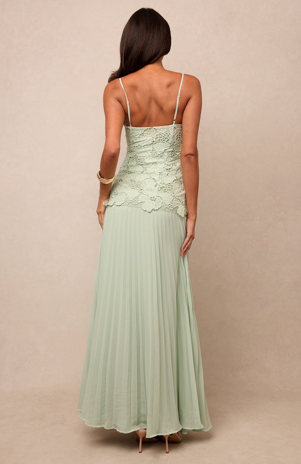 Floral Lace Corseted Pleated Gown - Soft Sage Green