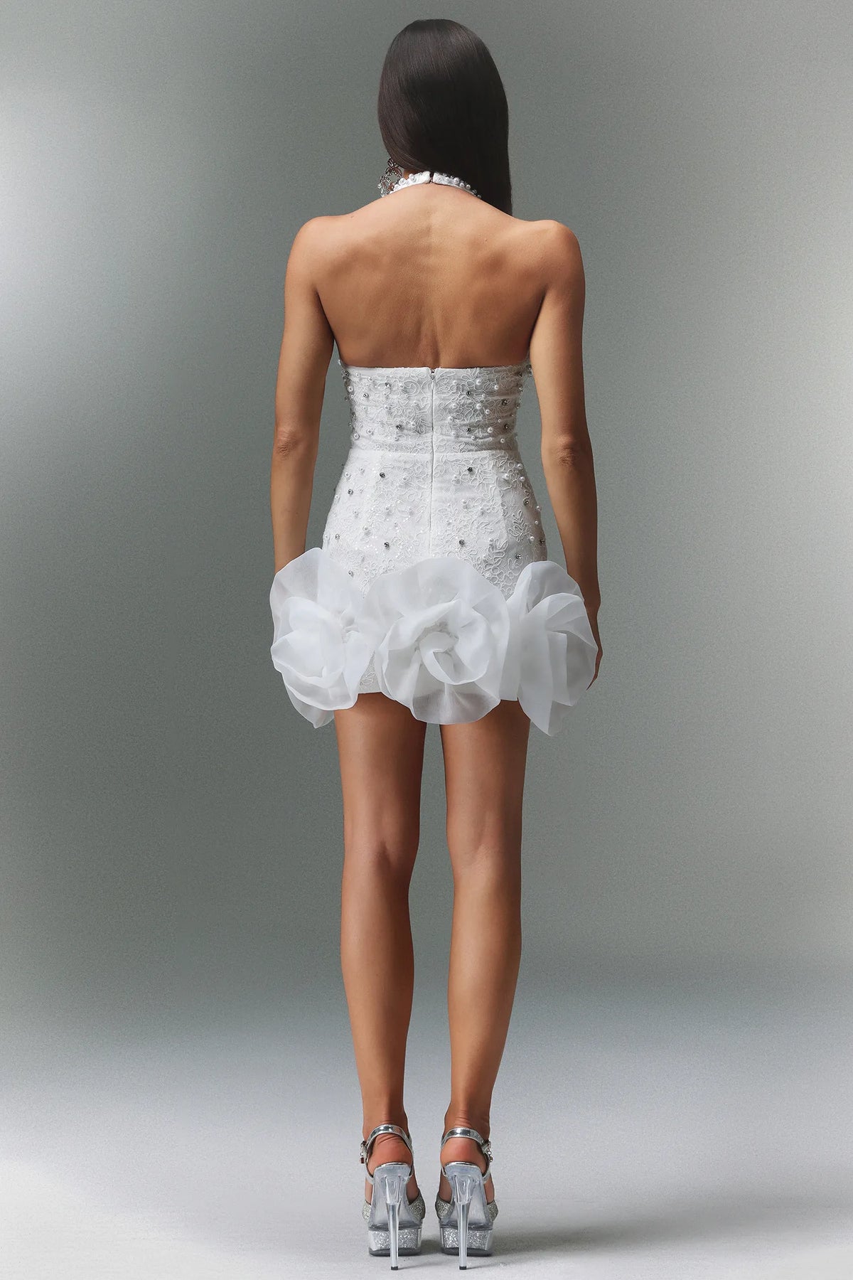 Pearl-Encrusted Halter Mini Dress with Architectural Organza Ruffle Hem