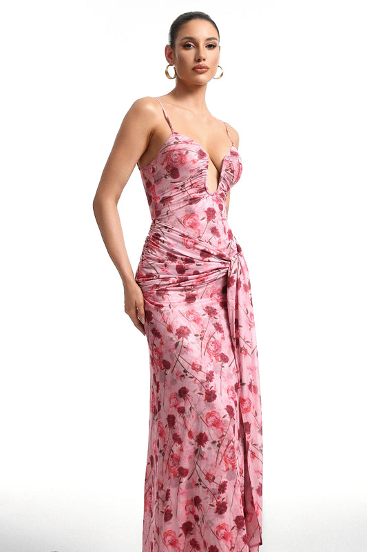 Floral Draped Maxi Gown with Deep V-Neckline