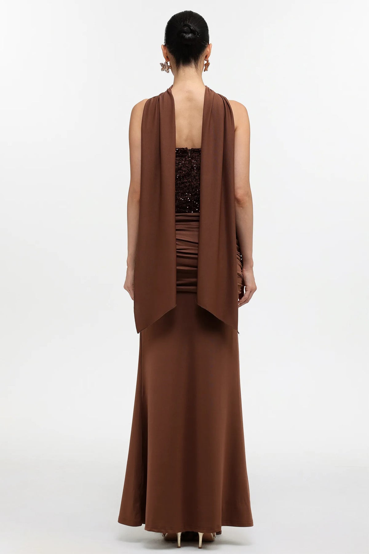 Earth-Toned Corset Gown with Scarf Detail