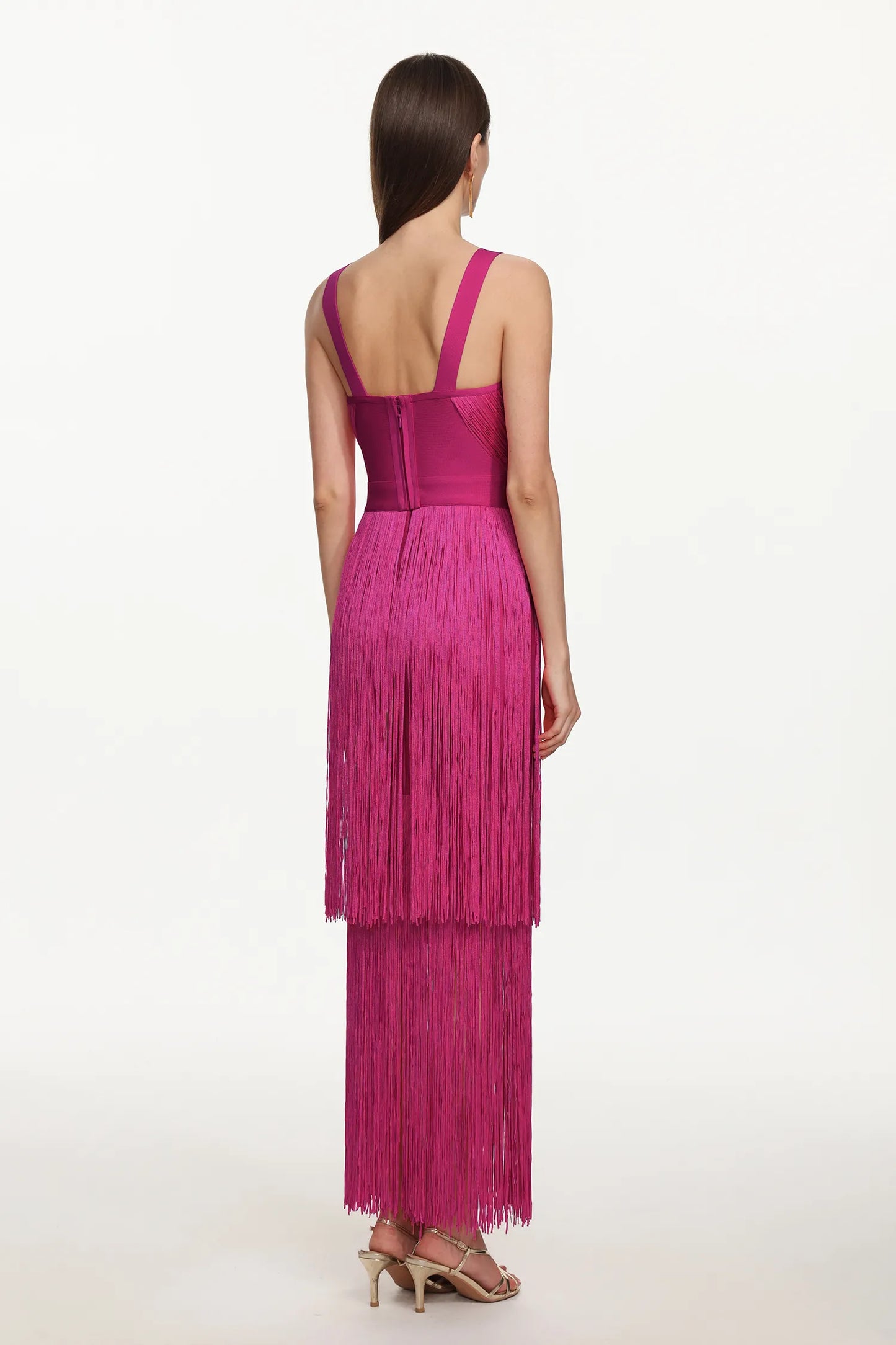 Magenta Tiered Fringe V-Neck Gown