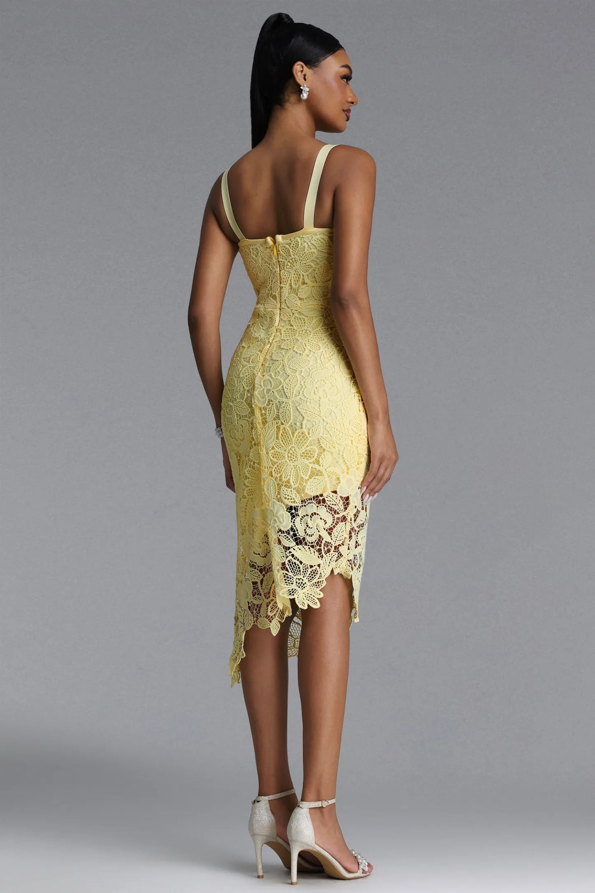 Radiant Yellow Lace Asymmetrical Midi Dress