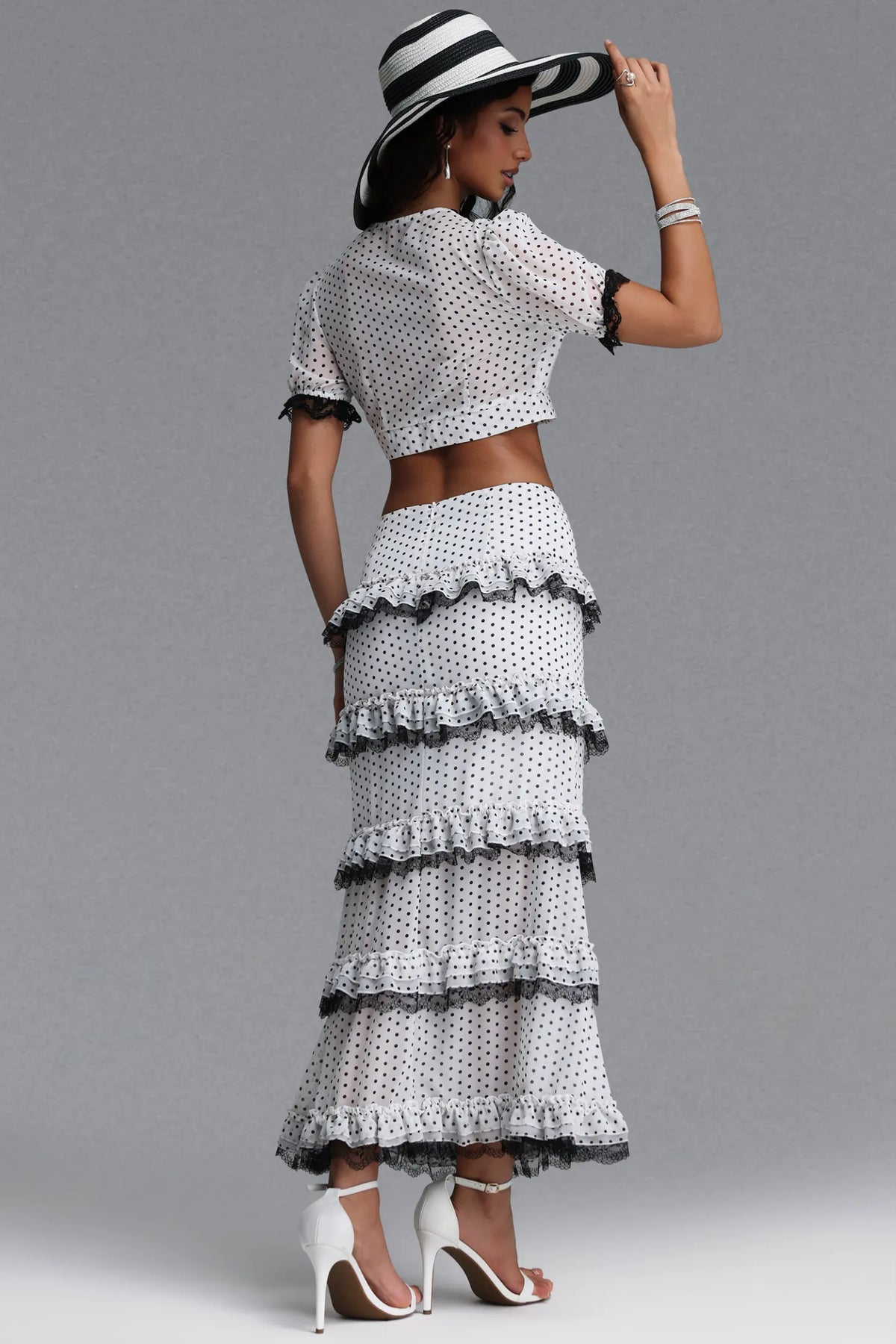 White and Black Polka Dot Lace-Trim Two-Piece Maxi Set