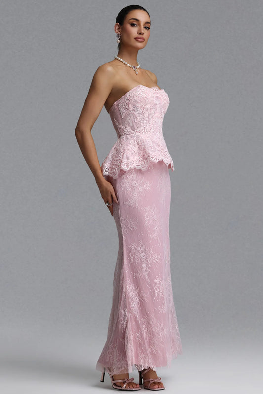 Blush Pink Strapless Lace Peplum Gown