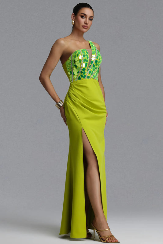 Vibrant Chartreuse Mirror Embellished Evening Gown