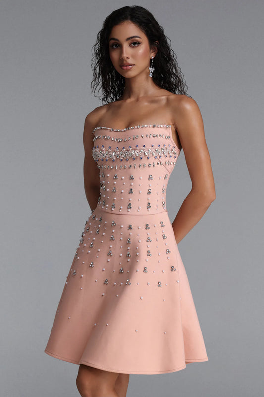 Peach Crystal-Embellished Fit and Flare Mini Dress