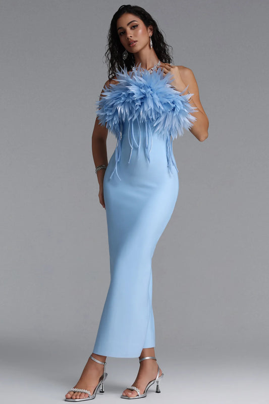 Powder Blue 3D Feather-Appliqué Column Gown