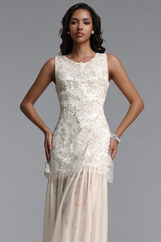 Vintage-Inspired Beaded Tulle and Pearl Midi Dress