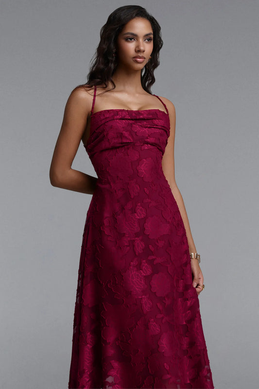 Textured Floral Burnout Spaghetti Strap Maxi Dress - Burgundy
