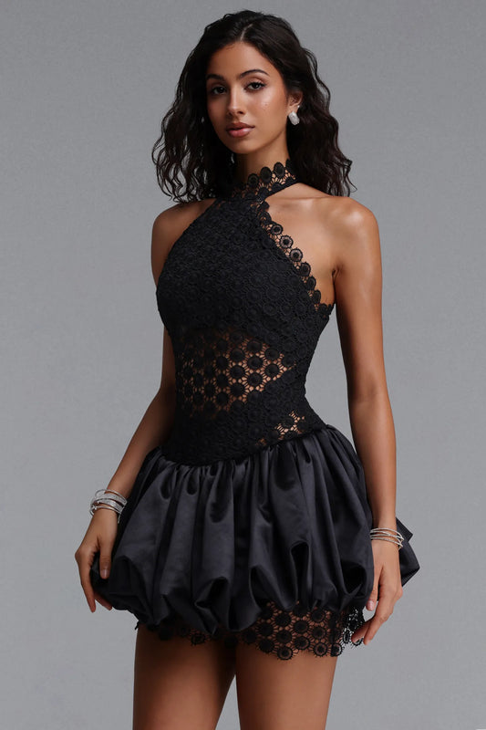 Sheer Lace Halter Bubble Mini Dress - Black