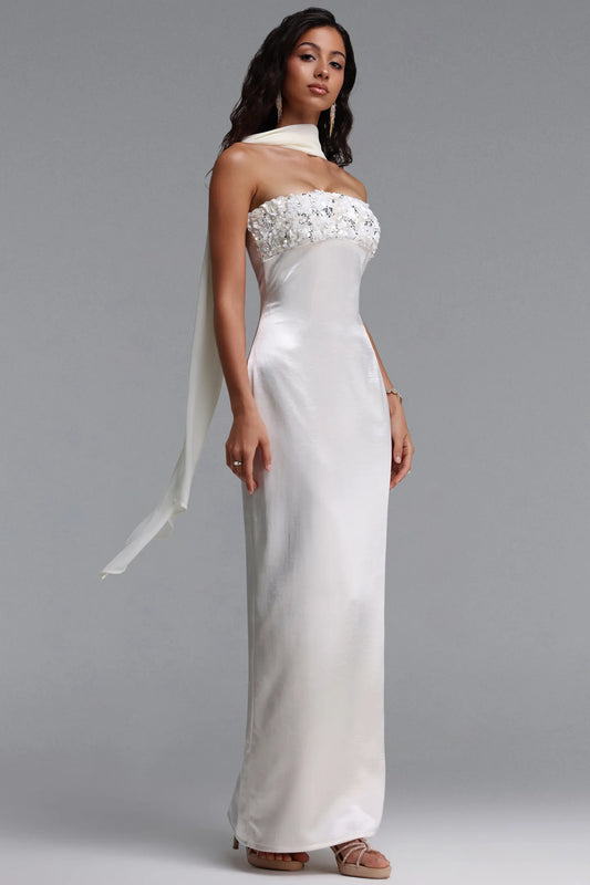 Ivory Satin Strapless Gown with Embellished Bodice and Scarf