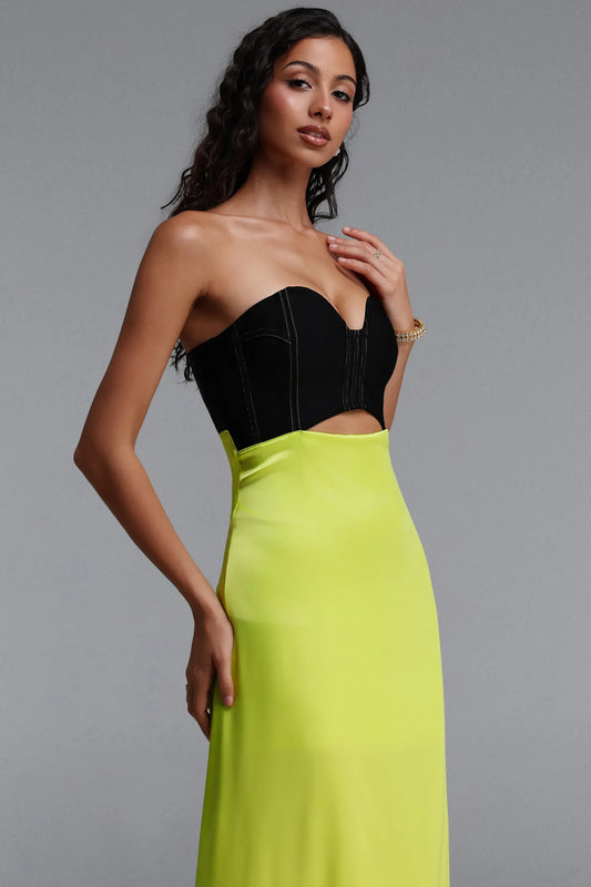 Black Corset and Chartreuse Satin Cutout Evening Gown