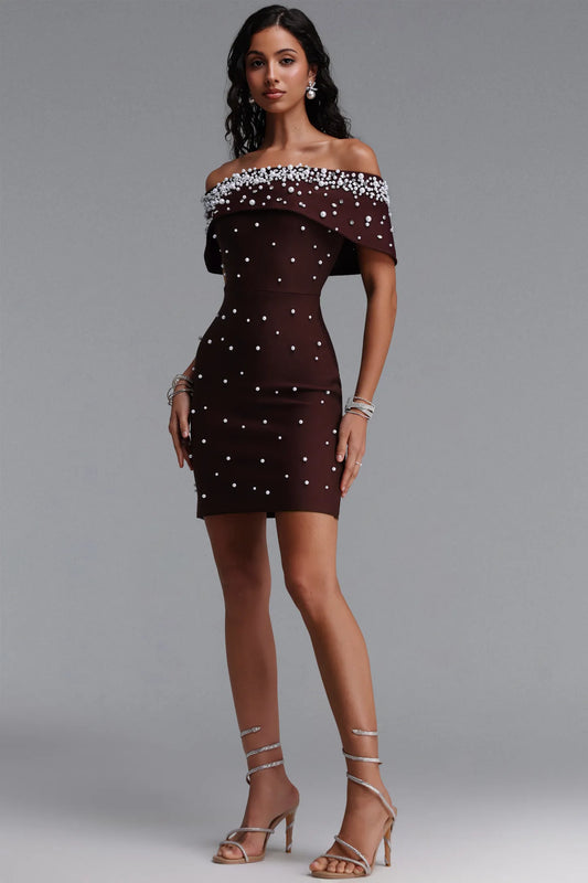 Pearl Embellished Off-The-Shoulder Mini Dress - Chocolate Brown