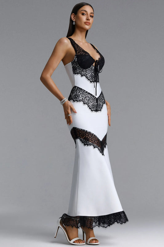 Contrast Lace Lingerie-Inspired Maxi Dress - White & Black