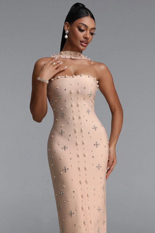 Pearl & Crystal Embellished Strapless Column Gown with Choker - Champagne