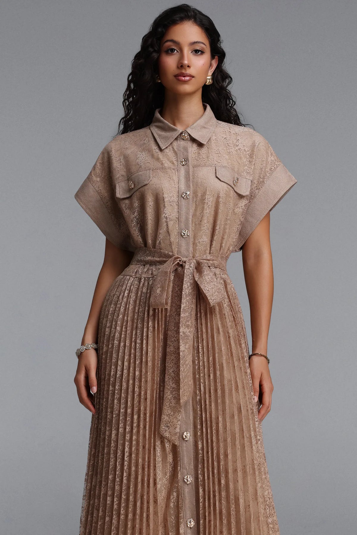 Pleated Lace Button-Down Shirt Dress - Taupe