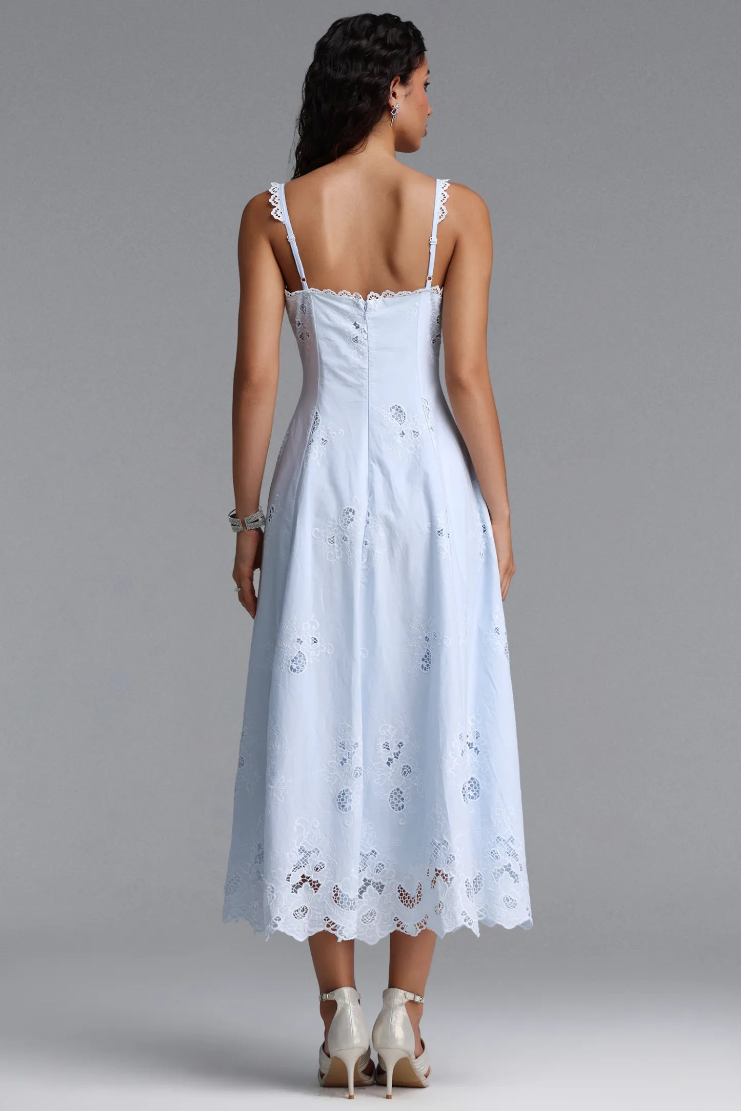 Scalloped Eyelet Lace A-Line Dress - Soft Blue