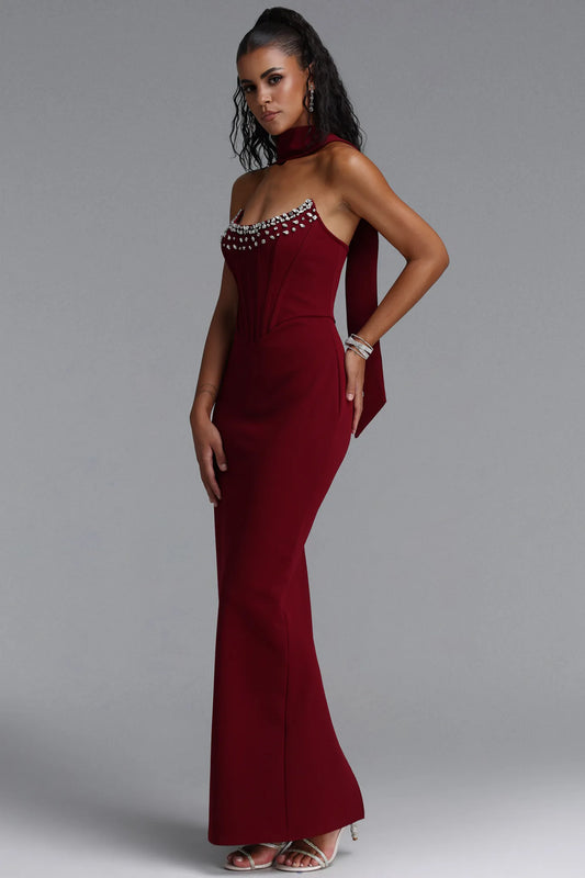 Crystal-Trimmed Corset Column Gown - Deep Burgundy