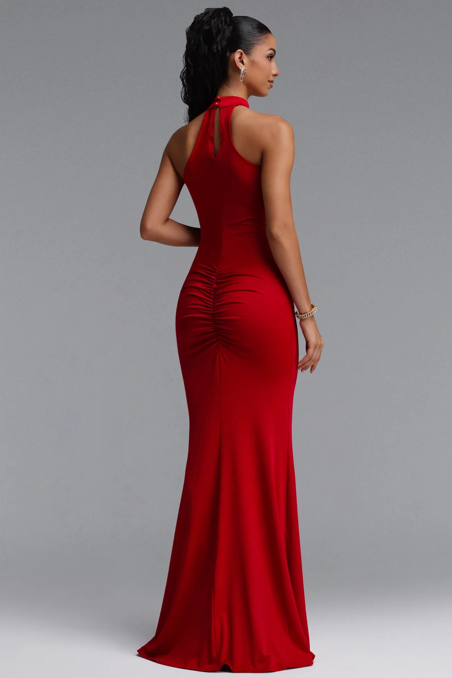 Sequin-Embellished Ruched Halter Gown - Crimson Red