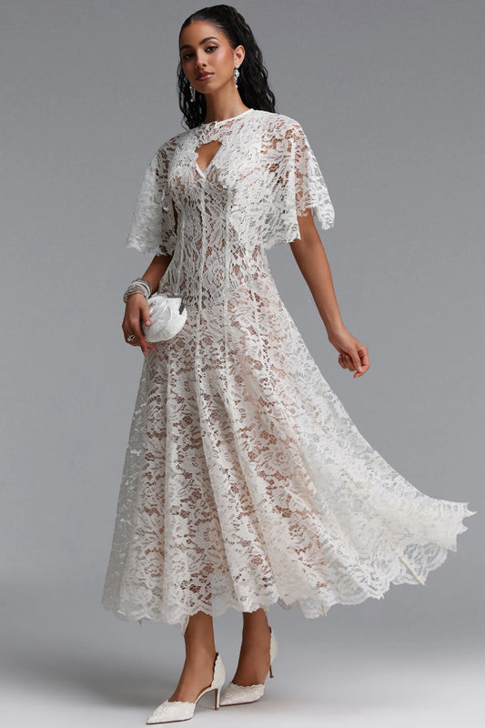 Floral Lace Flutter-Sleeve Midi Dress - Ivory White