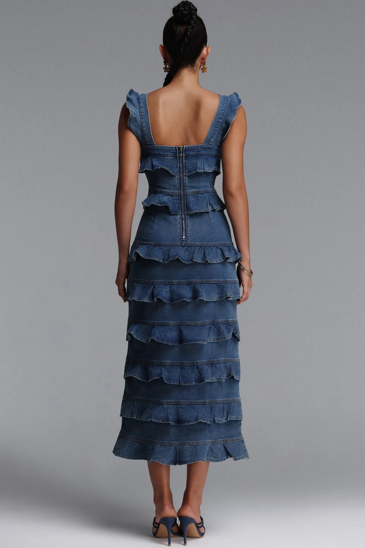 Tiered Ruffle Corset Denim Midi Dress - Classic Blue