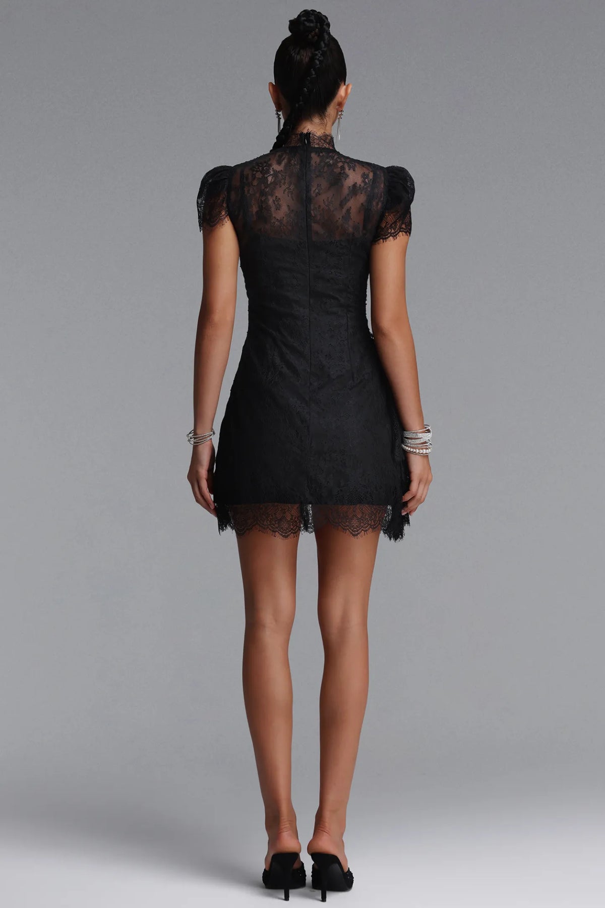 Scalloped Lace Mock-Neck Mini Dress - Onyx Black