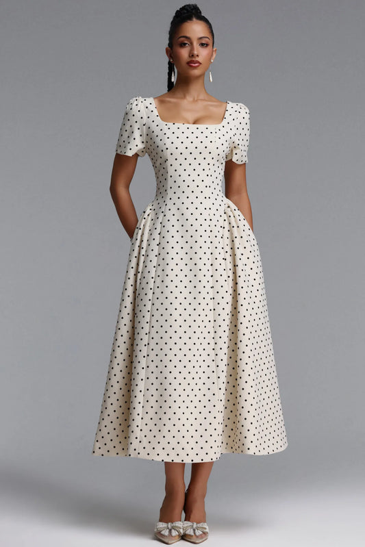 Structured Polka Dot A-Line Dress - Ivory & Black