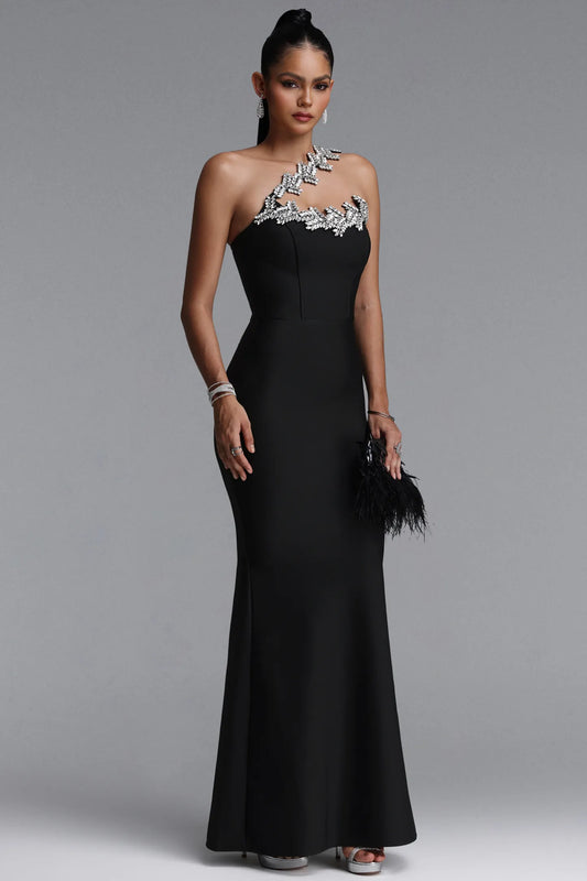 Black One-Shoulder Embellished Bandage Dress with Elegant Mermaid Silhouette