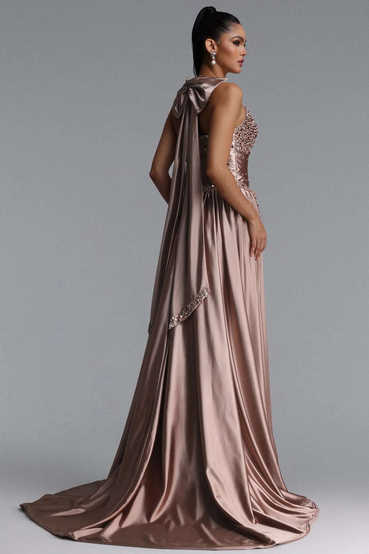 Sequin-Embellished Basque Waist Satin Gown - Dusty Rose Gold