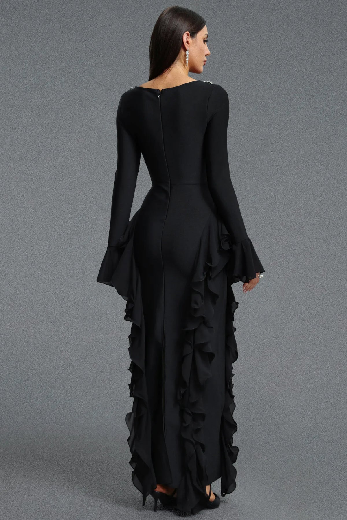 Embellished Square-Neck Cascading Ruffle Gown - Onyx Black