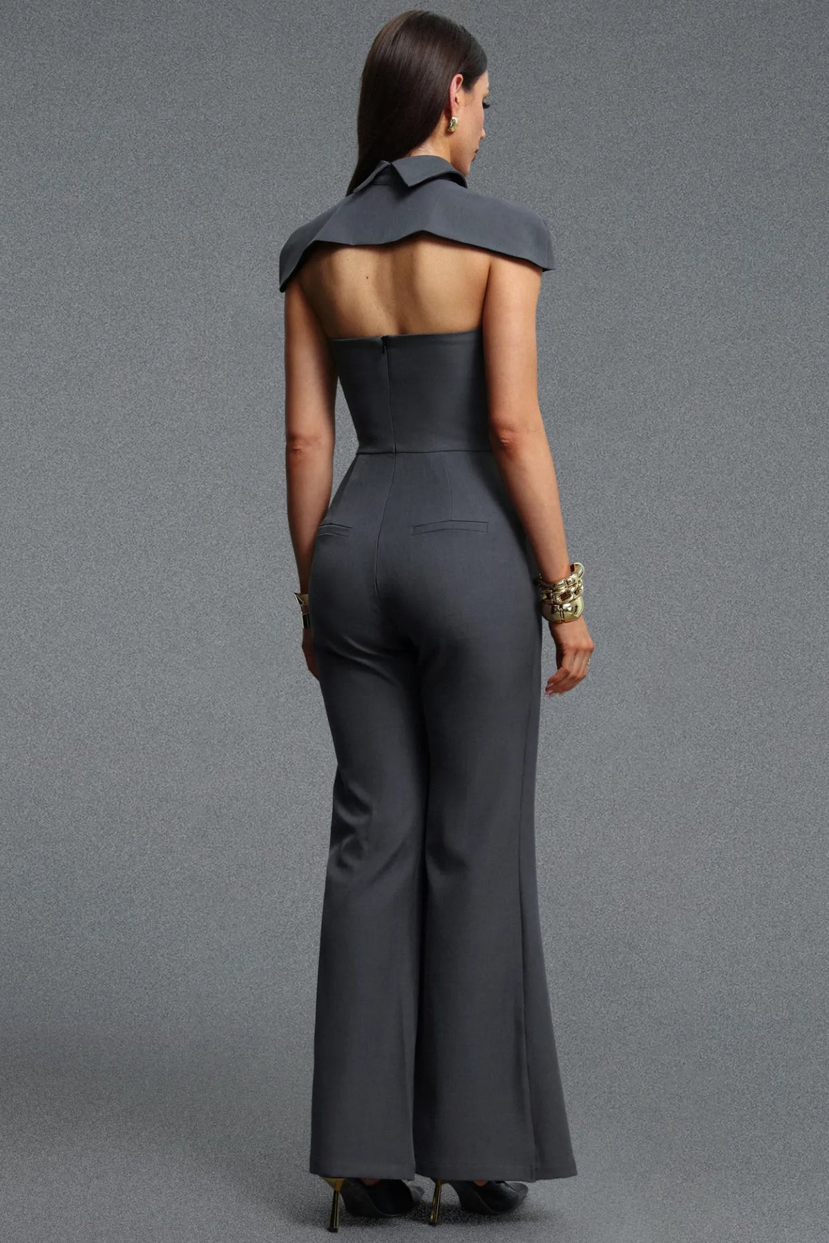Architectural Double-Breasted Capelet Dress - Slate Gray