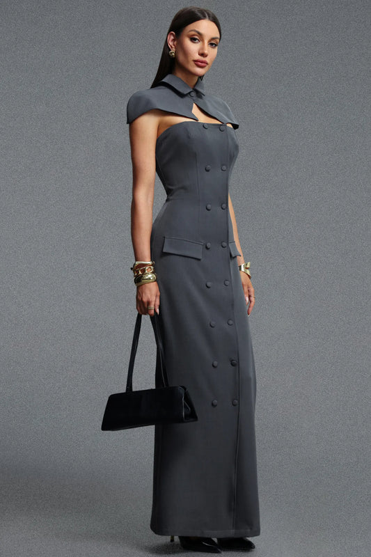 Architectural Double-Breasted Capelet Dress - Slate Gray