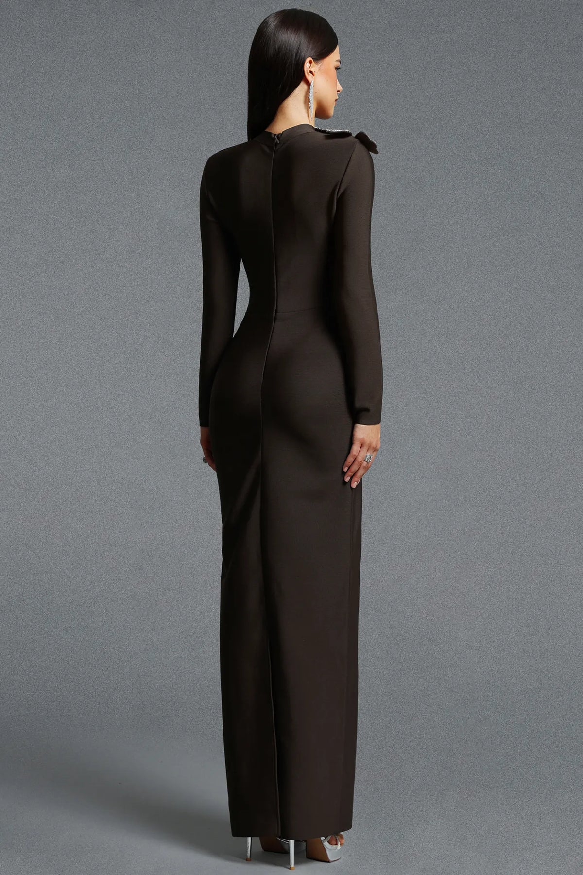 Asymmetrical Silver Floral Appliqué Column Gown - Espresso Brown
