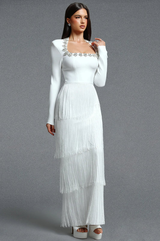 Crystal-Embellished Tiered Fringe Gown - Pristine White