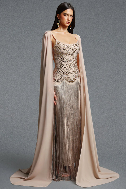 Art Deco Scalloped Beaded Fringe Gown with Chiffon Cape - Champagne Gold