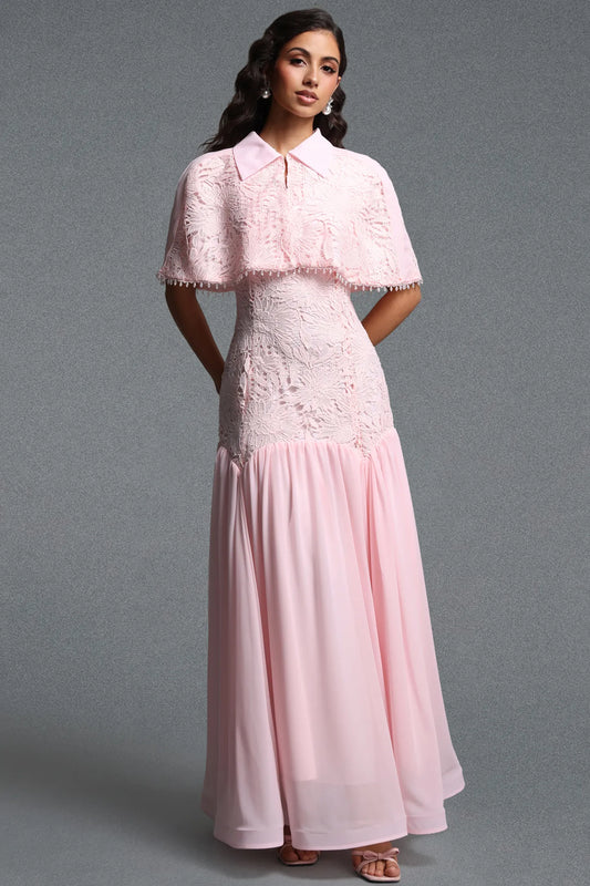 Collared Lace Capelet Drop-Waist Gown - Blush Pink