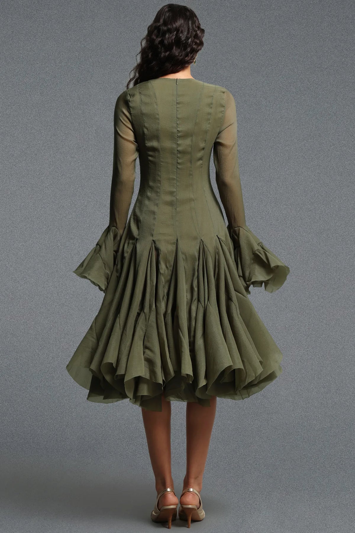 Button-Front Bell-Sleeve Flared Dress - Moss Green