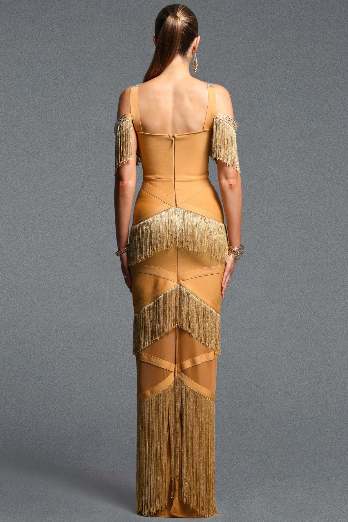 Gold Art Deco Crystal Embellished Fringe Gown