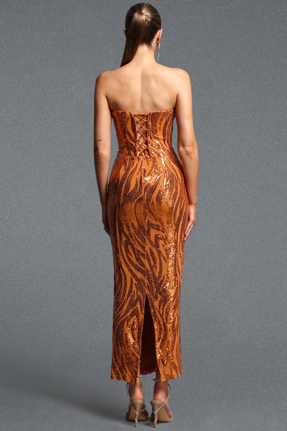 Rust Orange Animal Pattern Crystal-Trimmed Gown