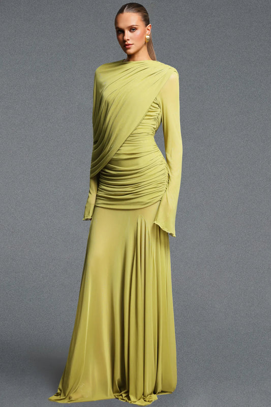 Elegant Lime Green Flowy Gown with Flared Sleeves