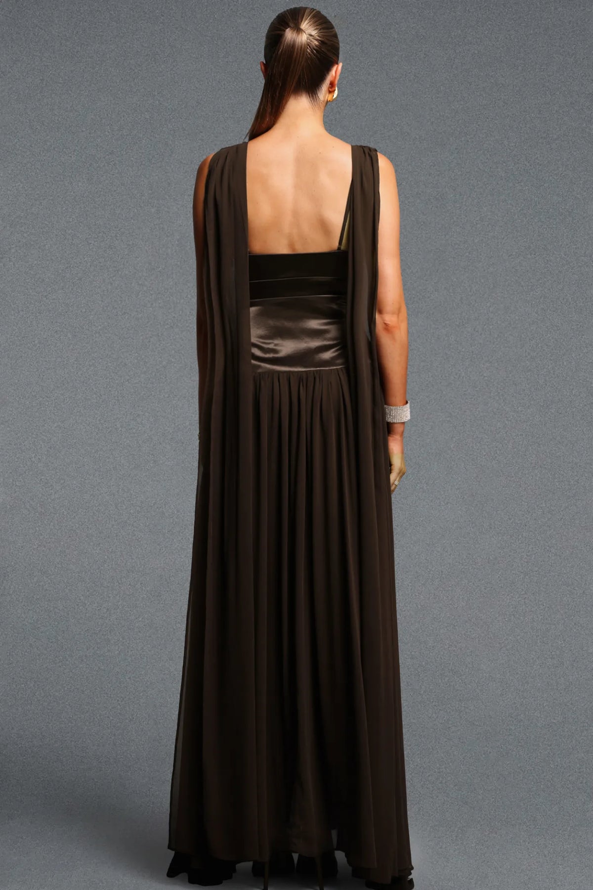 Chocolate Brown Plunging V-Neck Chiffon Gown