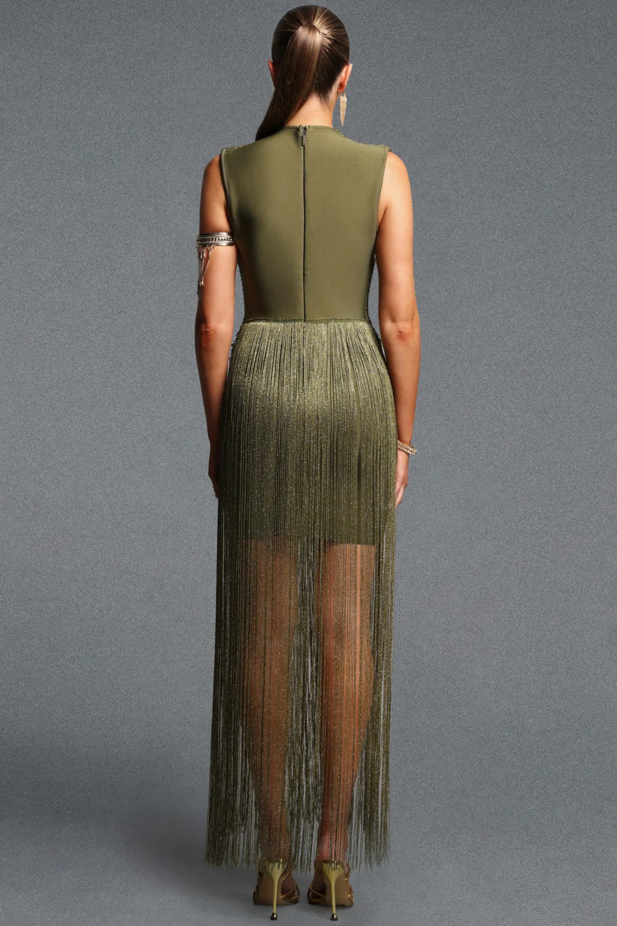 Metallic Olive High-Neck Gown with Cascading Fringe