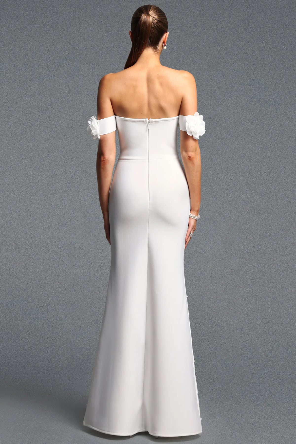 White 3D Floral Off-the-Shoulder Pearl Gown