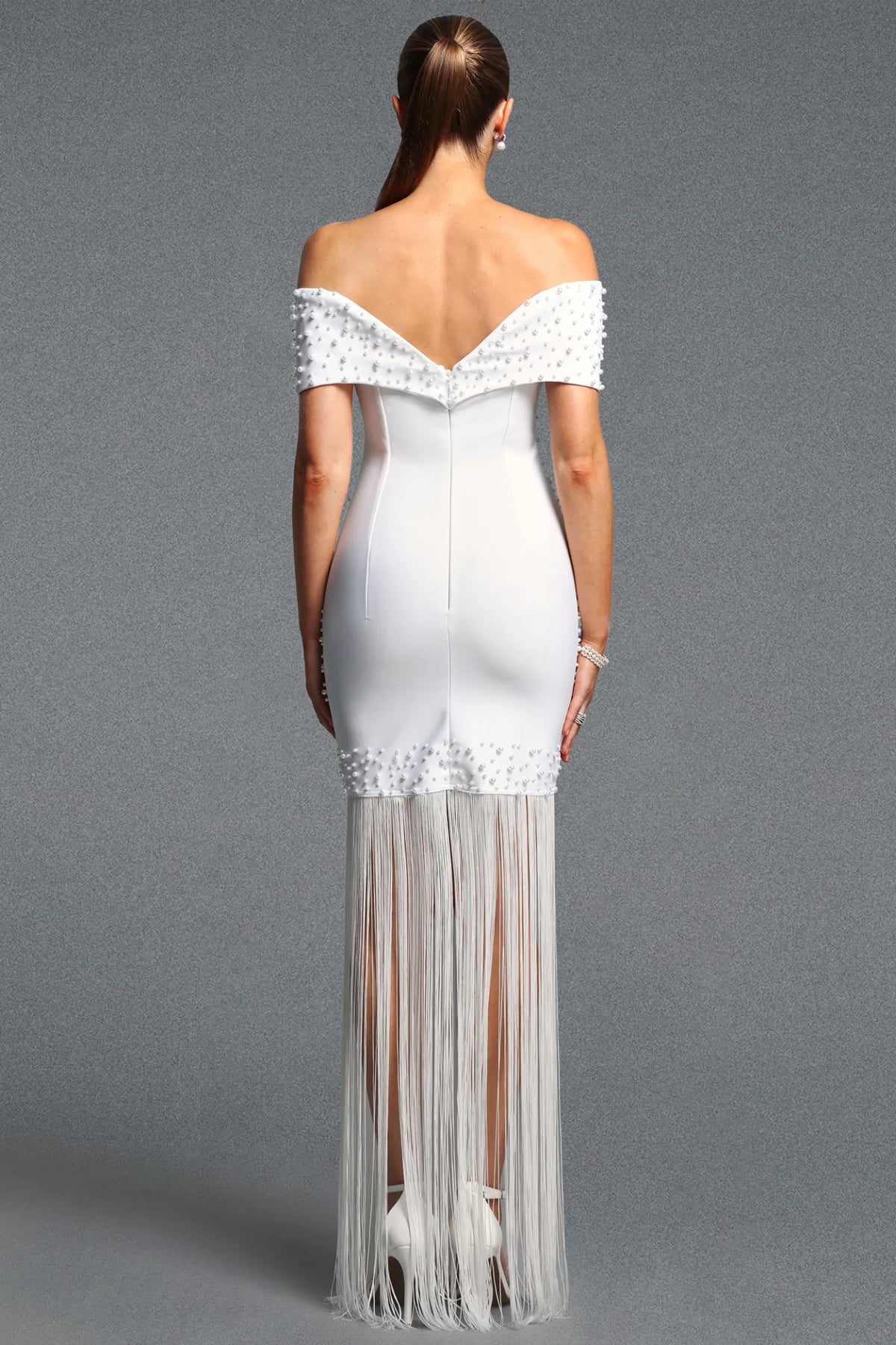White Pearl-Embellished Off-the-Shoulder Fringe Gown